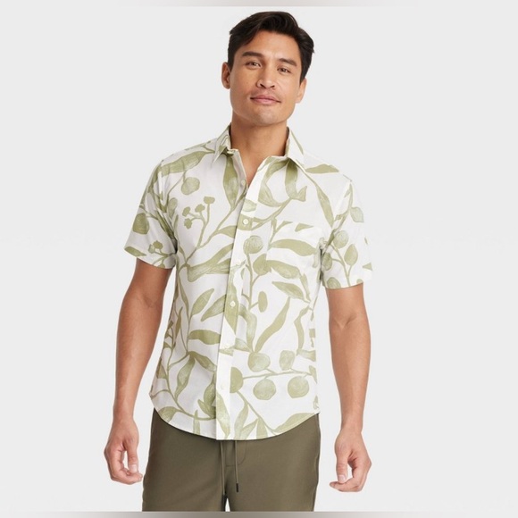NEW Goodfellow Men's Leaf Short Sleeve Button-Down Shirt Slim Fit Cotton Blend L - Picture 1 of 6